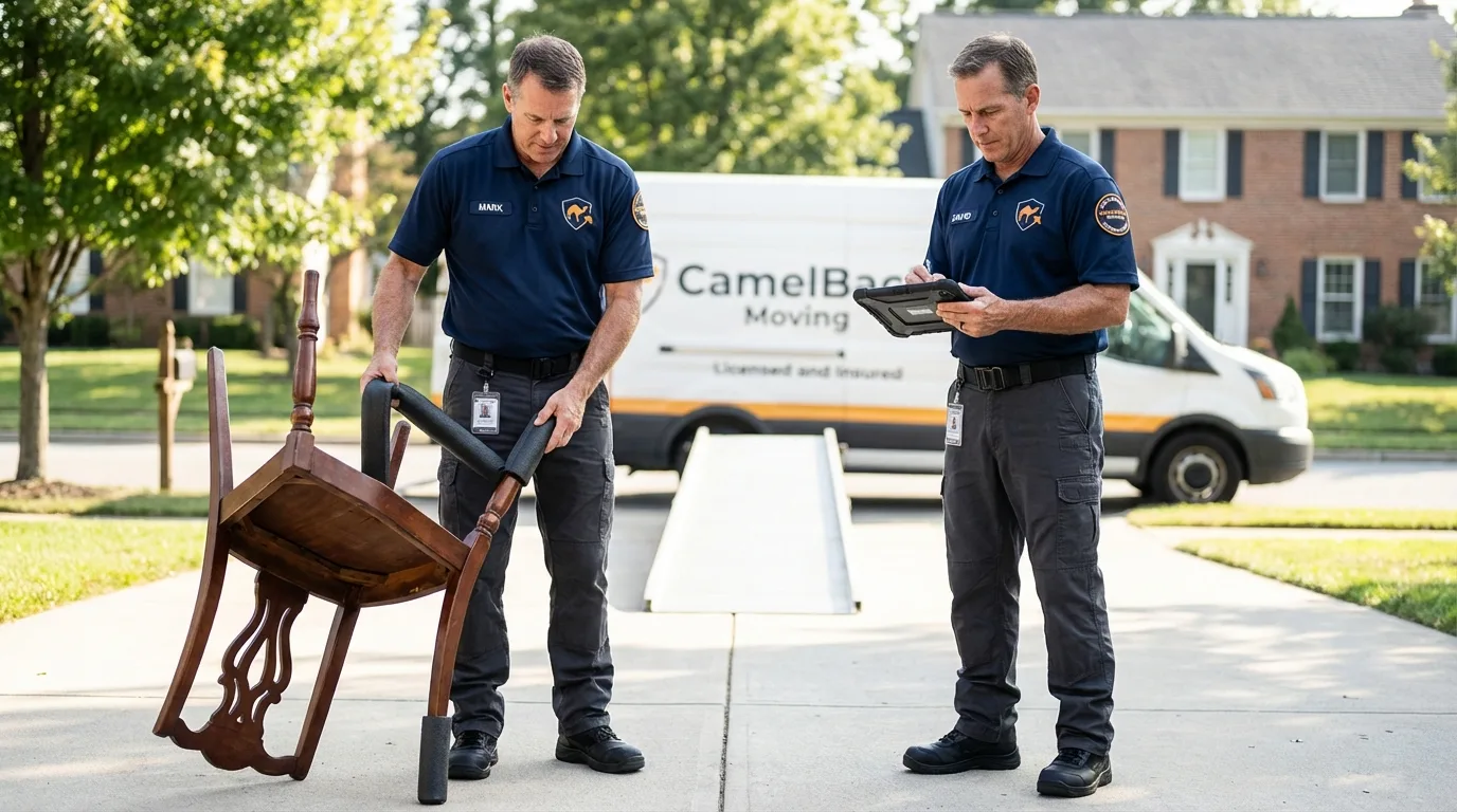 Movers inspecting furniture for damage prevention before loading in Melrose Park, IL