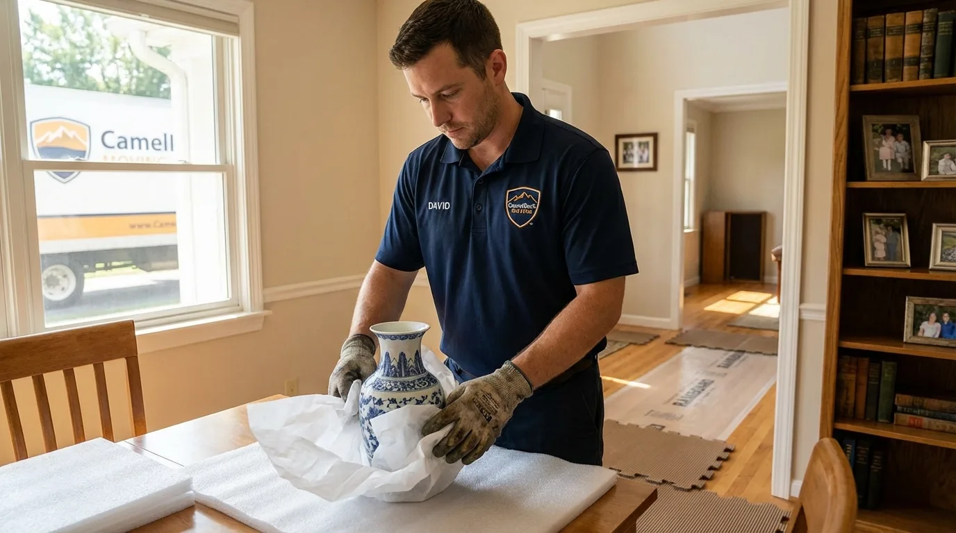 Professional crew carefully wrapping antique vase for senior downsizing move in Melrose Park, IL